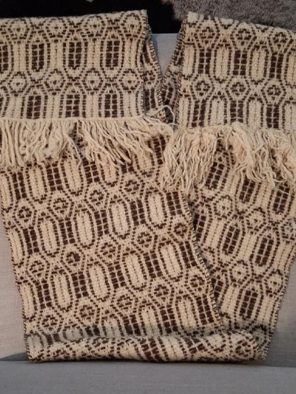 DownEast Cream and Brown Patterned Fringe Scarf